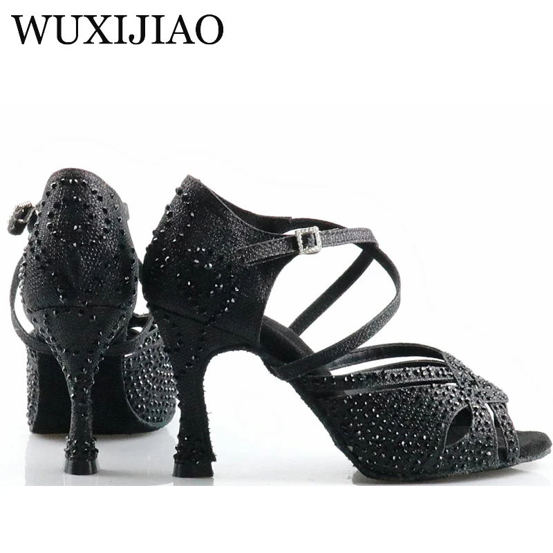 WUXIJIAO Frauen Salsa party Ballsaal schuhe Latin dance schuhe große kleine strass glänzende Bronze Haut Schwarz satin Kuba ferse 9cm