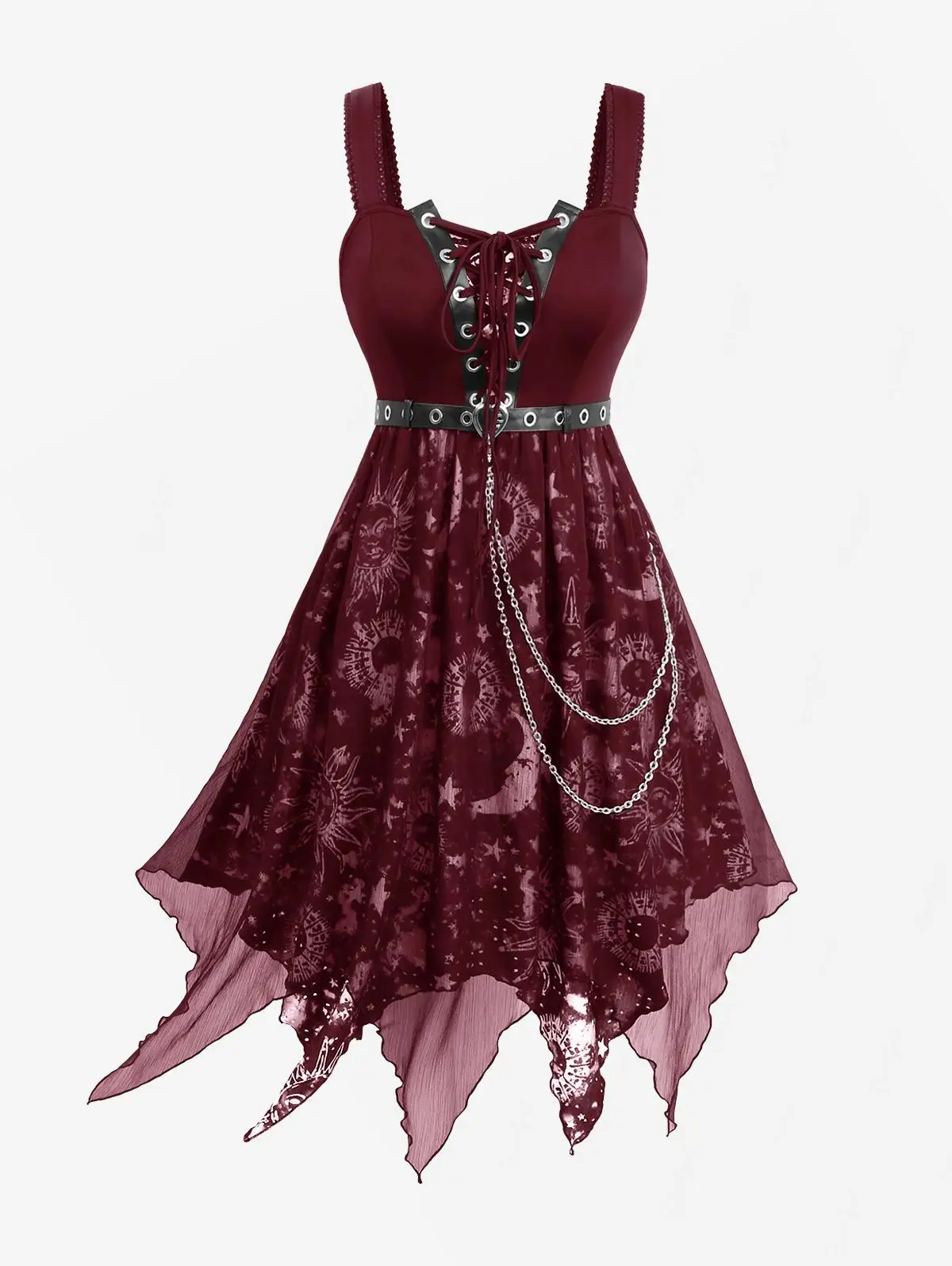 ROSEGAL Plus Size Sun Moon Star Gothic Kleider Vestidos Damen Schnür-Tülle ärmelloses Midikleid mit Gürtel und Kette