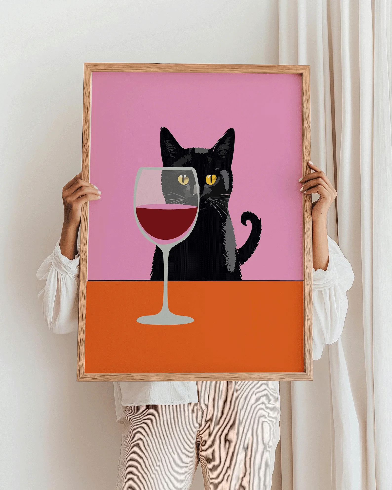 Wine Cat Wall Art, Wine Cat Art Print, Black Cat Wine Table, Felne Wine Cat Wall Art, Pink Orange, Bar Cart Kitchen Wall Decor,