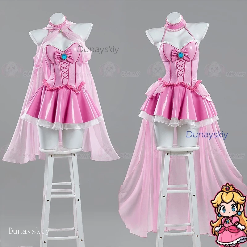 Doujin-Kleid Erwachsenen-Outfit Damen Prinzessin Cosplay Rosa Pfirsich Schwarz Sexy Bowsette Fantasie-Kostüm Niedliches Halloween Sexy Anime Rollenspiel
