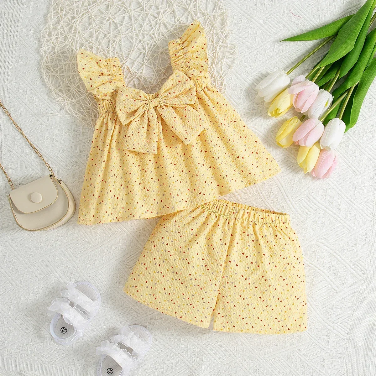Two Piece Set Baby Girl Suit Summer Bowknot Full Printed Love Girls Beach Set Cute Top Shorts Girls Two Piece Set Image