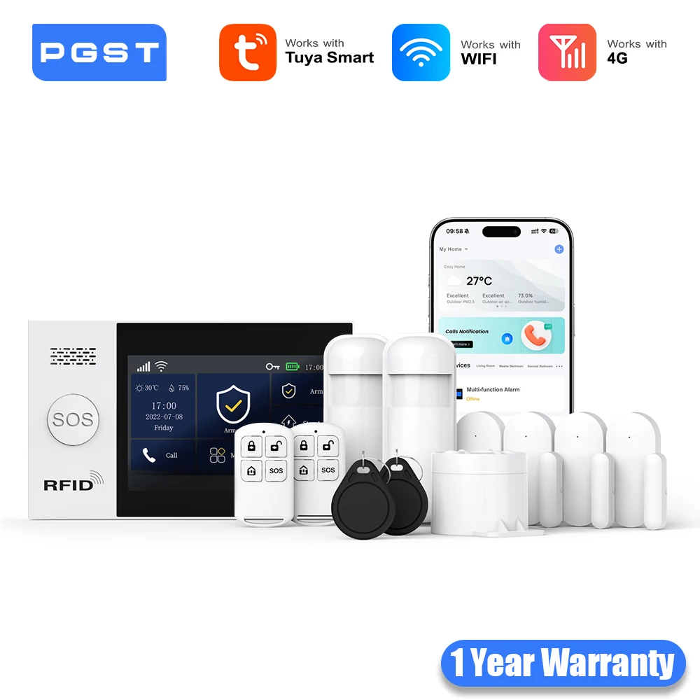 PGST Alarmanlage Einbruchschutz WiFi 4G Works with Tuya Smart Life kabelloses Sicherheits Set für Zuhause Gewerbe Tür Fenster Sensoren Fernüberwachung per Smartphone
