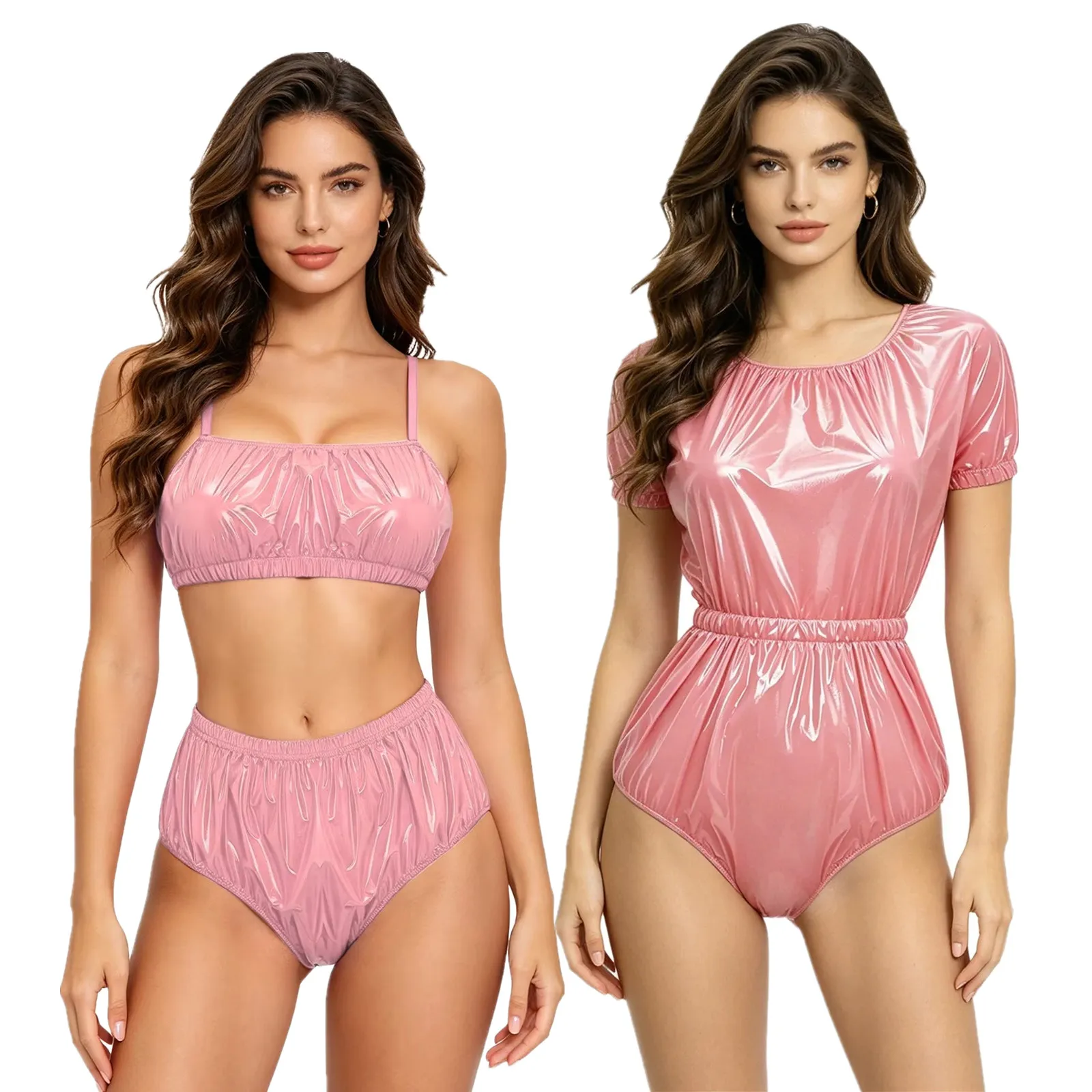 Damen-Bikini-Set aus glänzendem PVC, zweiteilige Badebekleidung, ohne Polsterung, ohne Bügel, Bralette, hoch taillierte Slips, Badehose, Strandbekleidung Image