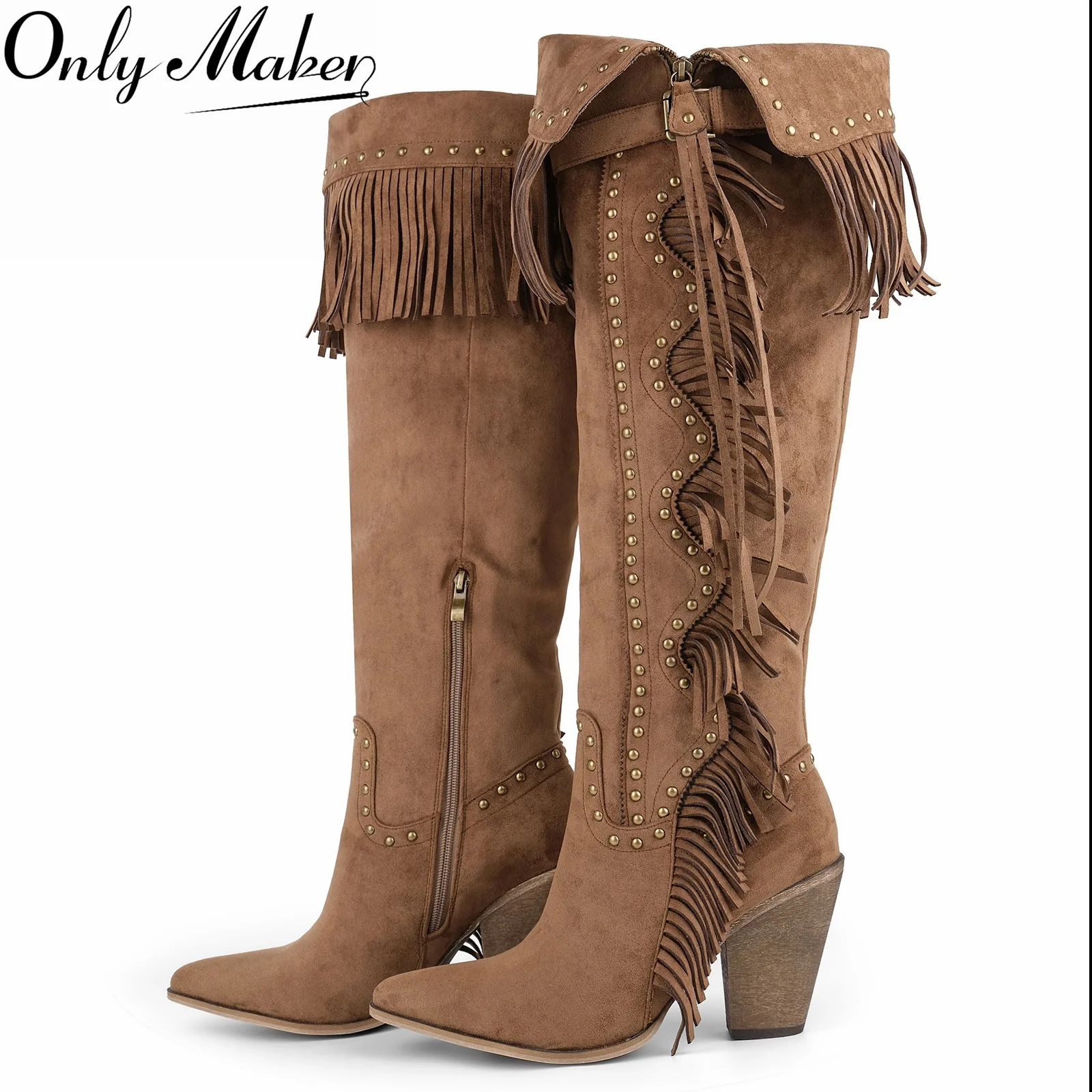 Onlymaker Damen Kniehohe Stiefel mit spitzer Zehenpartie, Nietenbraun, Kunstwildleder, Vintage-Stiefel mit seitlichem Reißverschluss und Fransen Image