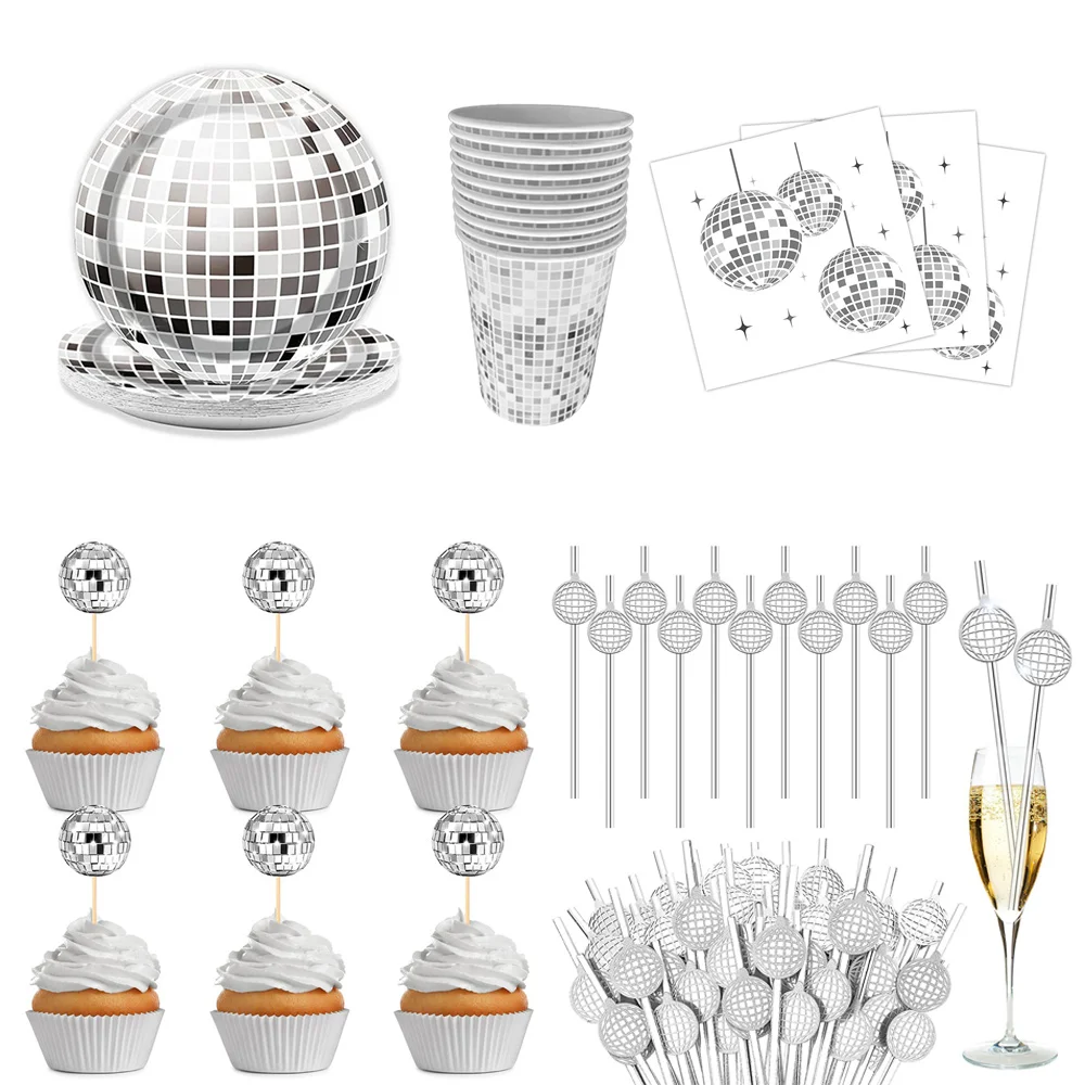 Disco Party Dekorationen 70er 80er Jahre Silber Disco Party Geschirr Disco Ball Cupcake Topper Servietten Papp teller Tassen