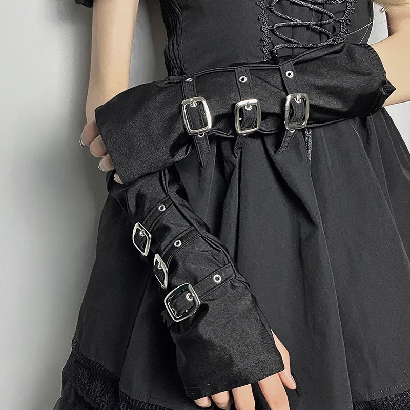Schwarze Halbfinger-Handschuhe, Punk-Metallschnalle mit freiliegendem Finger, Damen-Party, Knopfärmel, Halloween, Cosplay, Bühnenauftritt