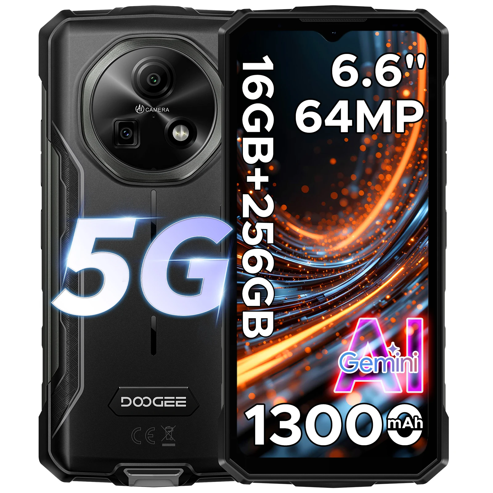DOOGEE Fire 7 5G Robustes Smartphone Android 15 Gemini AI 13000mAh Akku 6,6'' Bildschirm Dimensity 6300 64MP Kamera Smartphone NFC