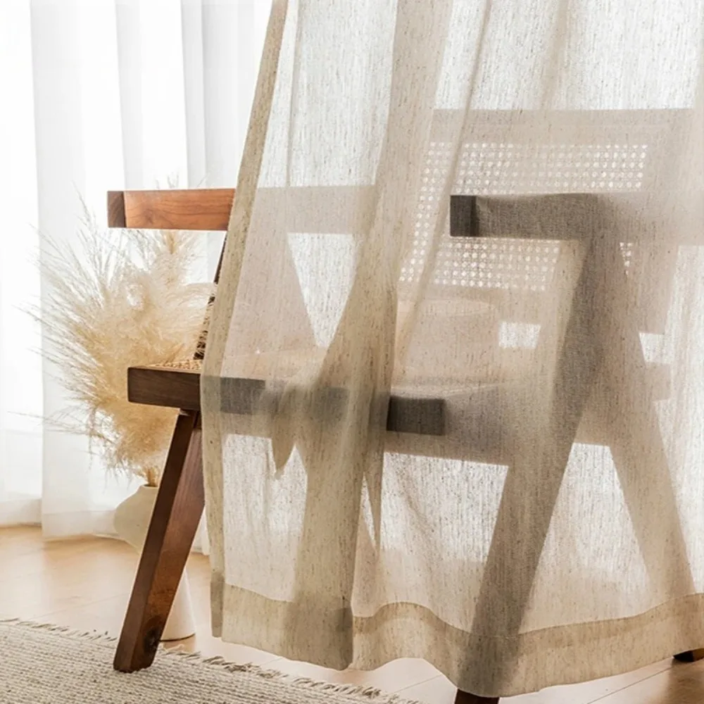 Transparente Vorhänge in Leinenoptik in Beige für Wohnzimmer, luxuriöser Tüll-Vorhang im Schlafzimmer, Fenster, japanische kurze Küchentürvorhänge Image