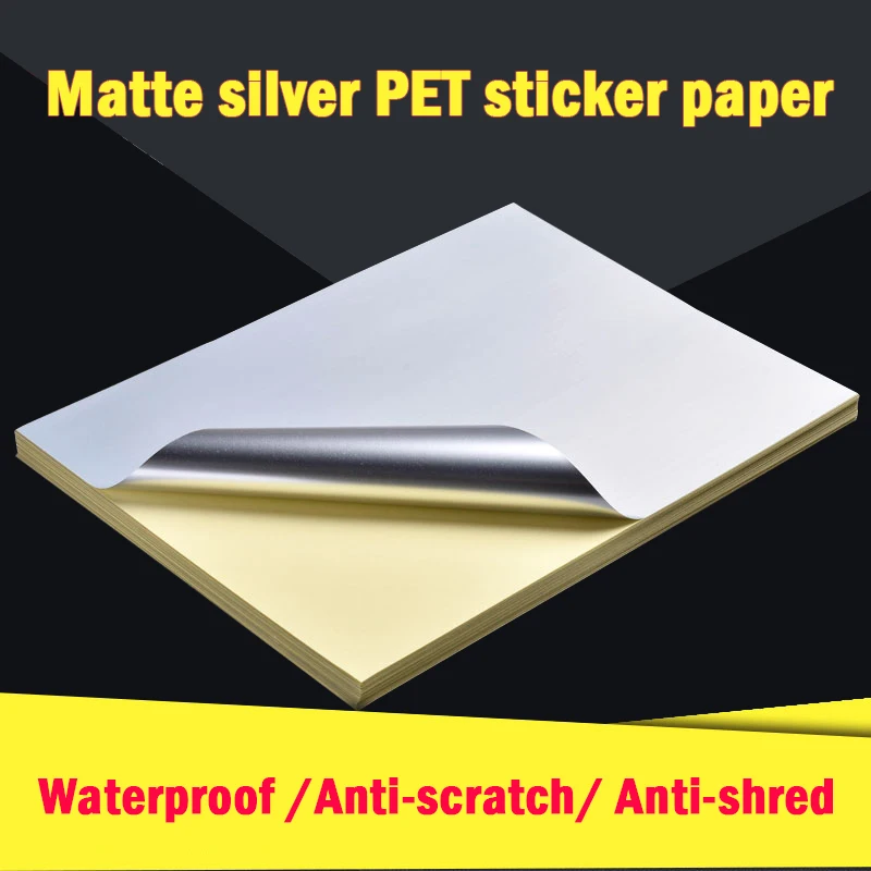 A4 Matte Silber Aufkleber Druck Papier PET UV Beschichtung Etikett Wasserdicht Kratz-beständig Wärme sichere Inkjet Laser Drucker Image