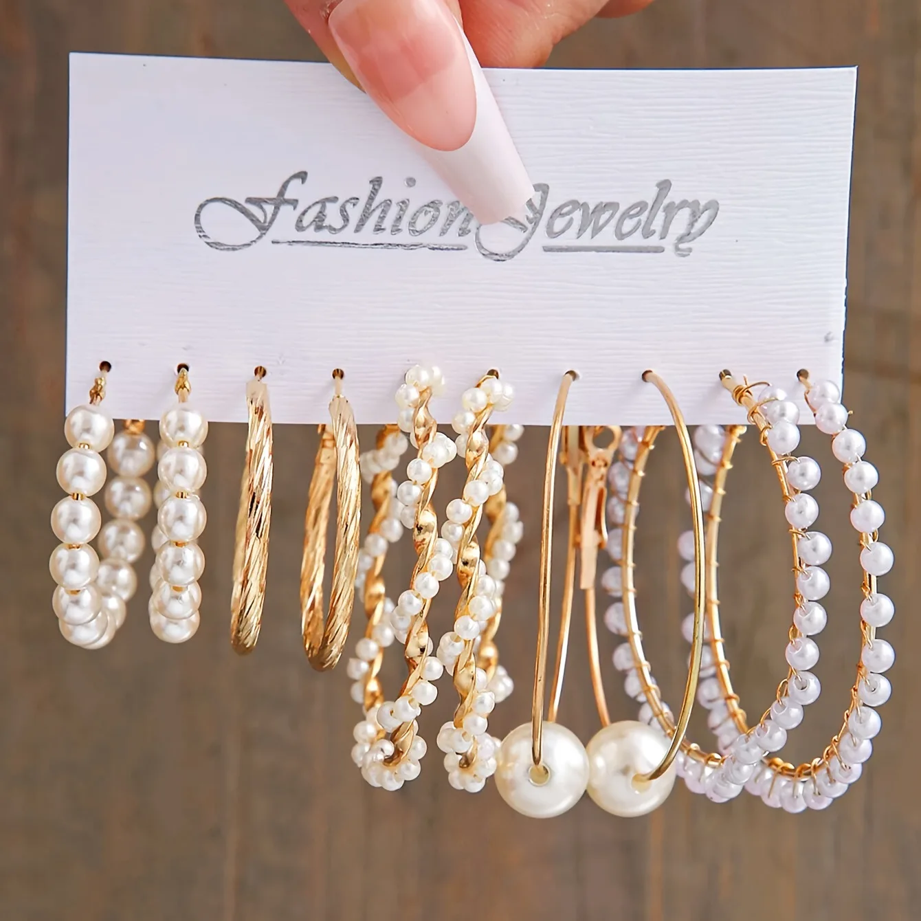 5 Paar elegante umwickelte Imitationsperlen-runde Creolen, übertriebene Geometrie, große runde Ohrringe, Damen-Party-Set, Schmuck