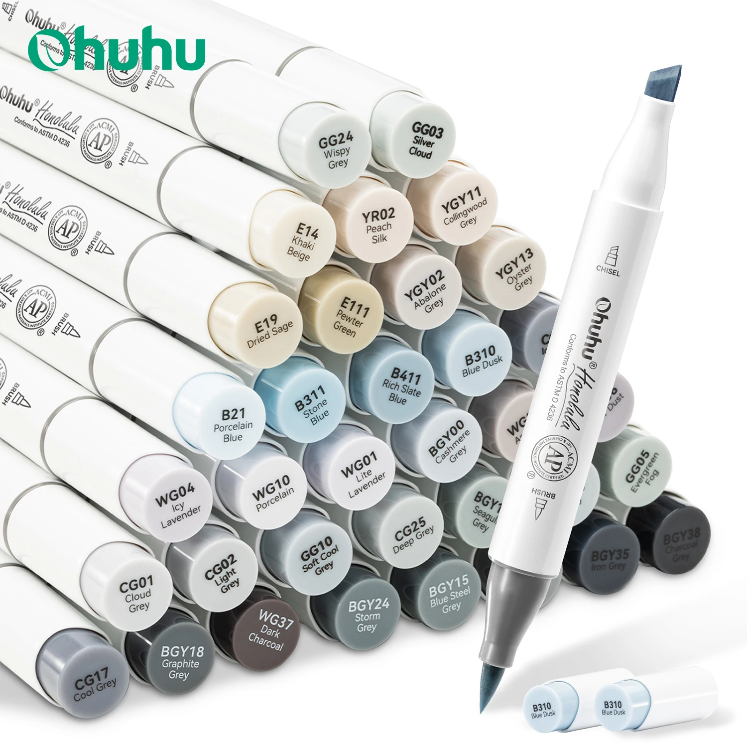 Ohuhu Honolulu Marker-Set in 36-grauen Farben, Alkohol-Kunstmarker, nachfüllbar, Doppelspitzen, Skizzieren, Zeichnen, Schule, Kunstbedarf Image