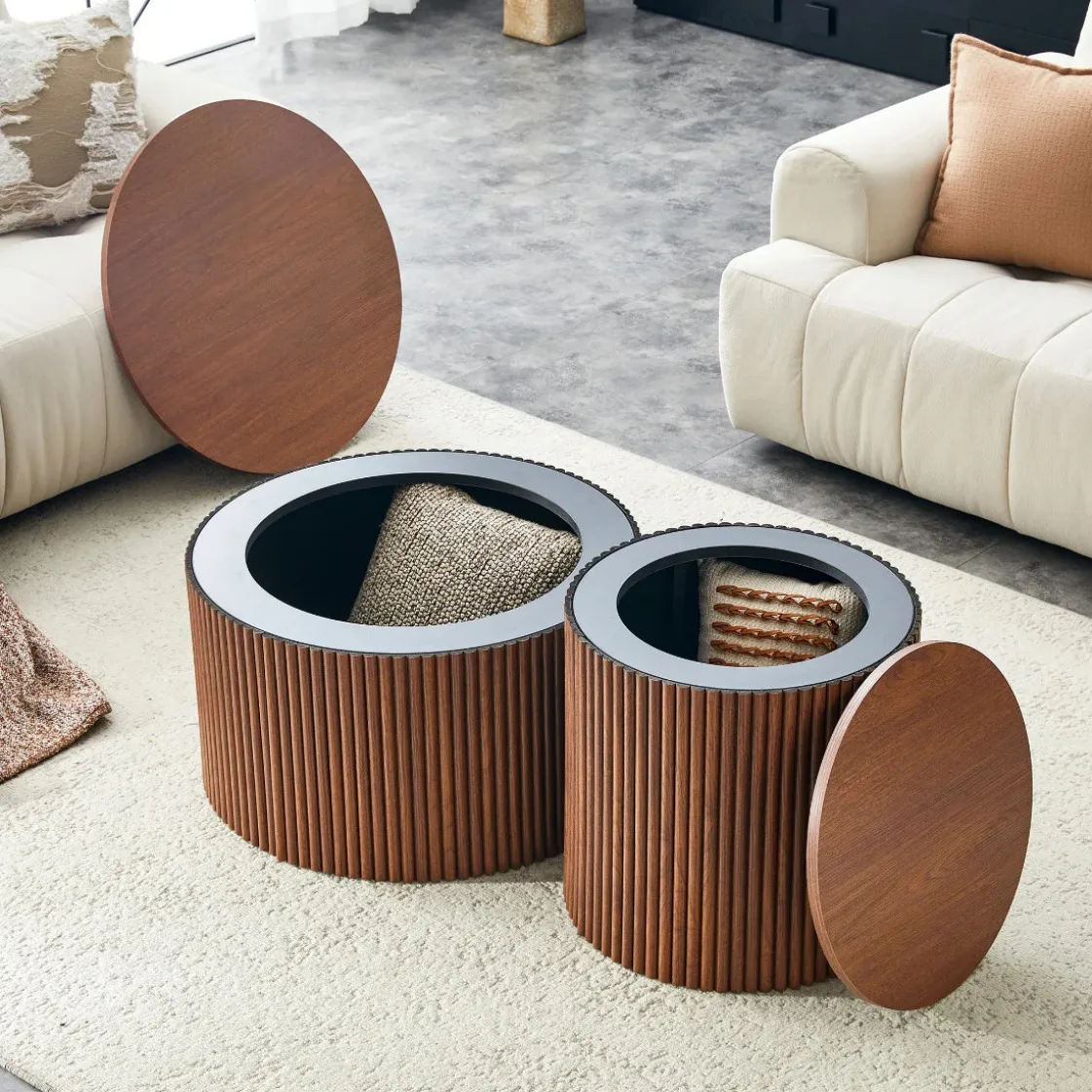 2-teiliges Satztisch-Set, rund, aus MDF mit Stauraum, Walnussmaserung, römisches Säulendesign Image