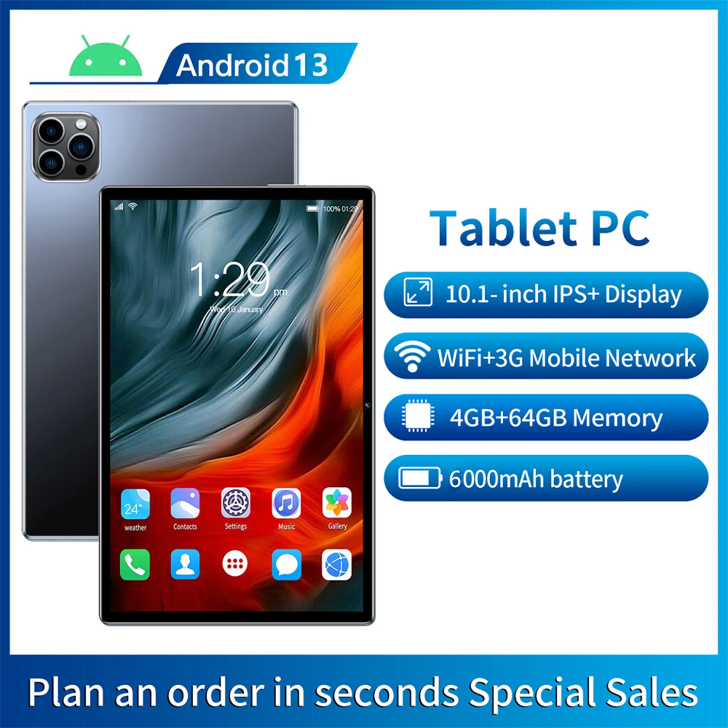 Neues 10,1 Zoll Android 13 Tablet-PC mit Google Play, Octa-Core, Dual-Kameras, Dual-SIM, 3G-Telefonfunktion, WLAN, 4GB RAM, 64GB ROM Image