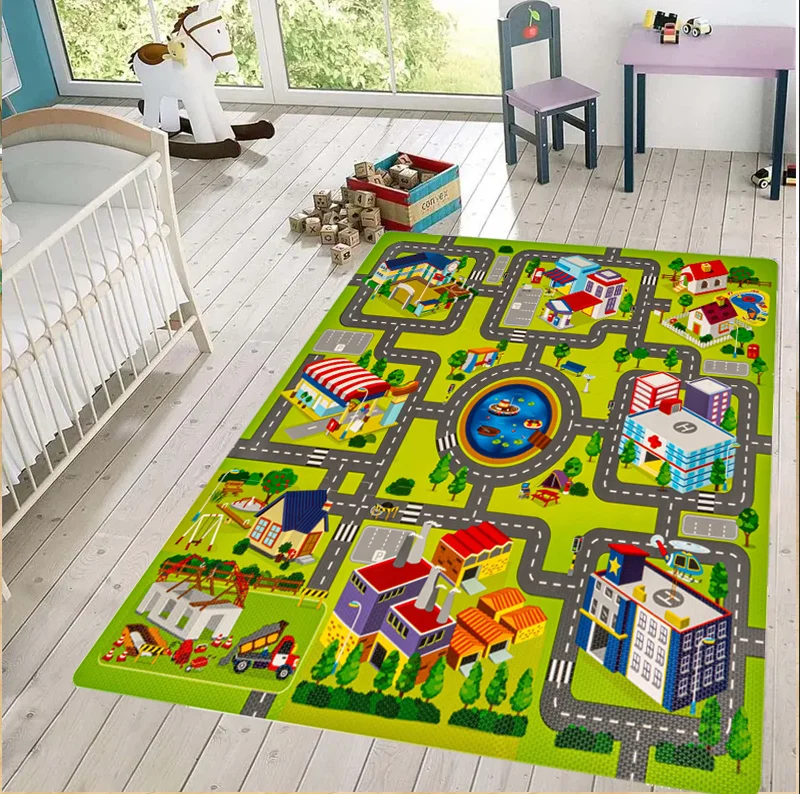 Stadtplan-Spielteppich für Kinderzimmer, bunter Stadt-Straßenbahn-Teppich, Spielzeugautos, interaktives Spielzimmer, Bodenmatte, Kinderzimmer, Kleinkind-Schlafzimmer Image
