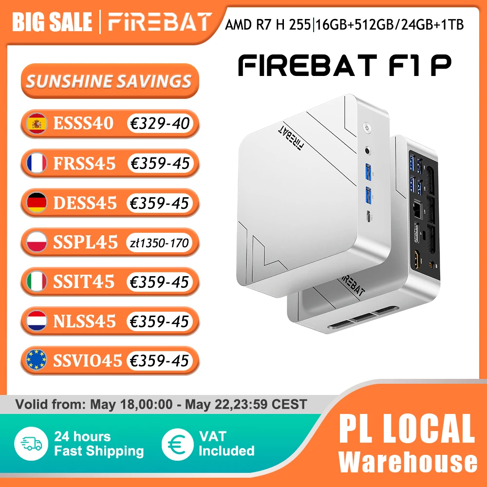 Firebat Mini-PC F1 P AMD Ryzen 7 H 255 DDR5 16GB 24G 512GB 1TB SSD Windows 11 Pro Desktop Mini-Computer USB 4.0 Wi-Fi 6 BT 5.2