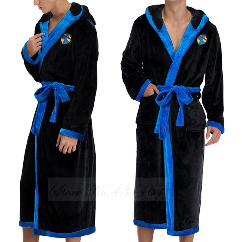 Männer Flanell Hause Kleidung Kimono Bademantel Kleid Winter Lange Korallen Fleece Mit Kapuze Robe Verdicken Lose Beiläufige Nachtwäsche Lounge Tragen Image
