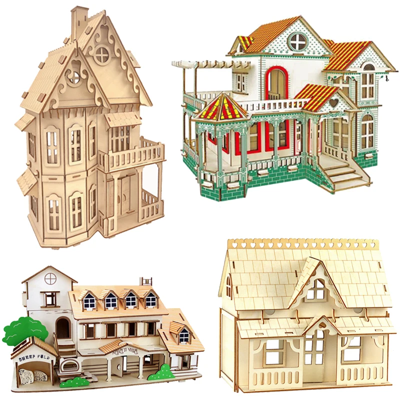 3D Holz Puzzle Puppenhaus Villa Modell DIY Puppenhaus Holz Puzzle Kinder Lernspiel zeug für Kinder Mädchen Zimmer Heim textilien