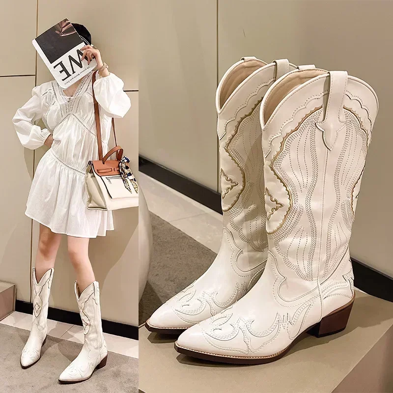 Damen bestickte Western-Stiefel mit mittlerer Wade, Cowboy-Stiefel mit quadratischem Absatz, spitze Zehen, Plateaustiefel, Damen-Westernschuhe, Übergröße 42