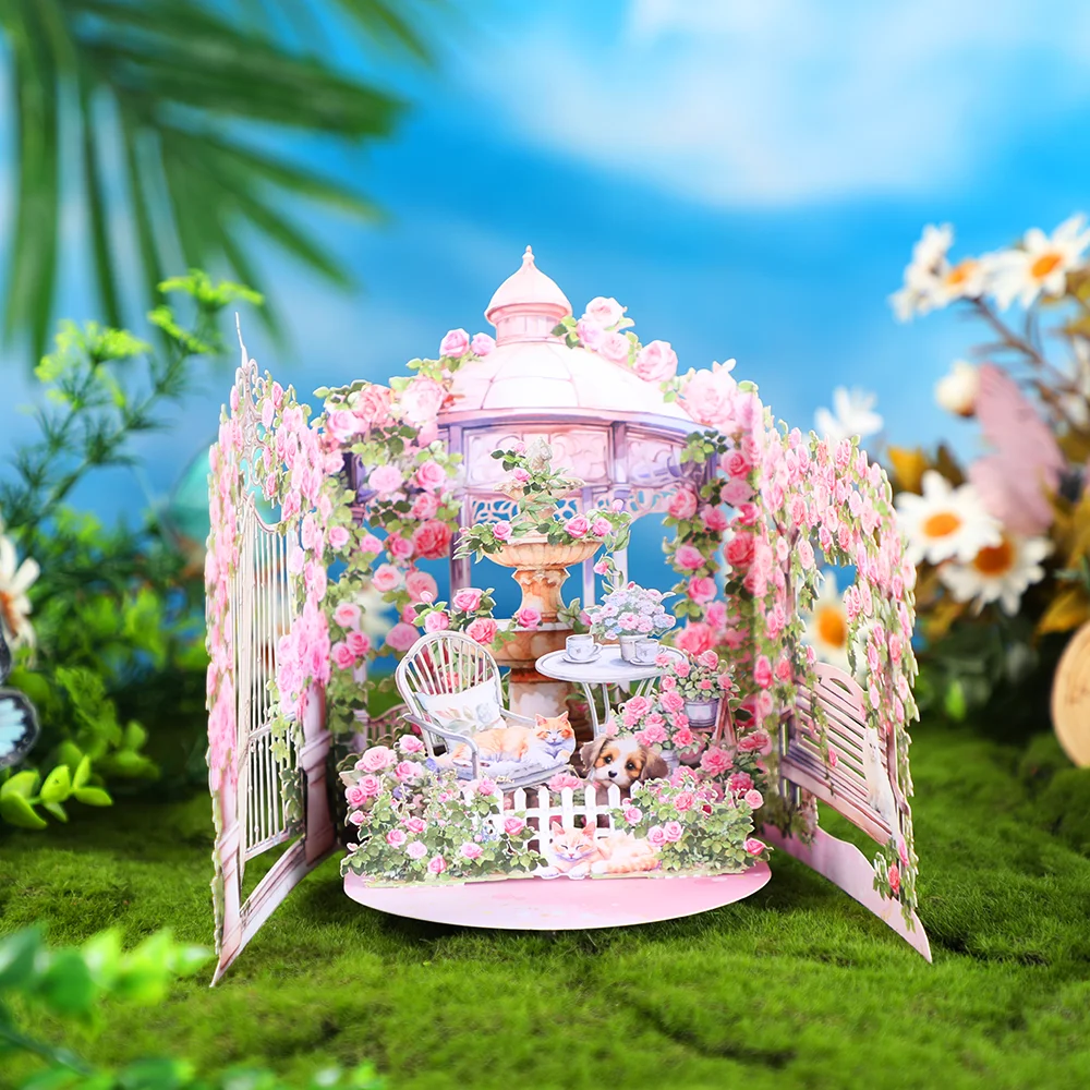 Pink Rose Garden Pop-up-Grußkarte, Geburtstagsgeschenk für Ihren Liebhaber, Mutterlehrer, Frühlingsbequemes, gemütliches Kätzchen Image