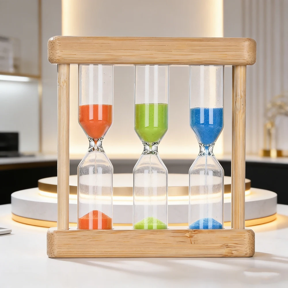 3-in-1 Sanduhr 1+3+5 Minuten Sanduhr aus Holz und Glas für Küche und Kochen Europäische Kreative Rotierende Holz-Sanduhr Image