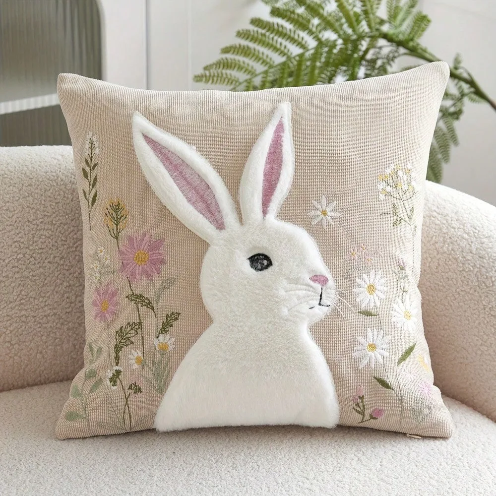 Kissenbezug in Verschiedenen Größen OHNE Stickerei Oster-Wildblumen-Hase 100% Polyester Sofa Wohnzimmer Schlafzimmer Festlich Image
