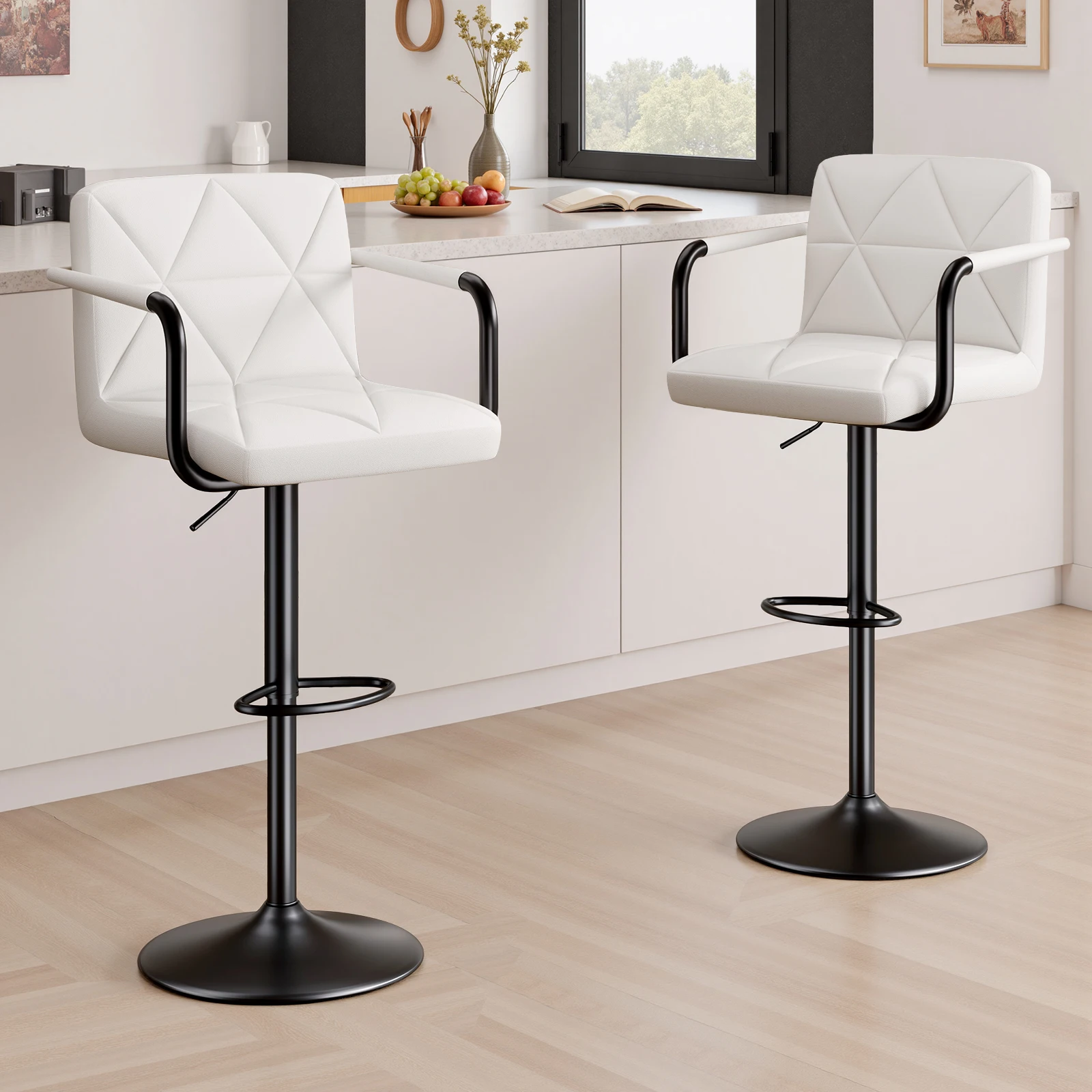 2 moderne Barhocker, 360 ° Drehbare, höhenverstellbare Barhocker mit Rückenlehne und Armlehne für Küche und Esszimmer