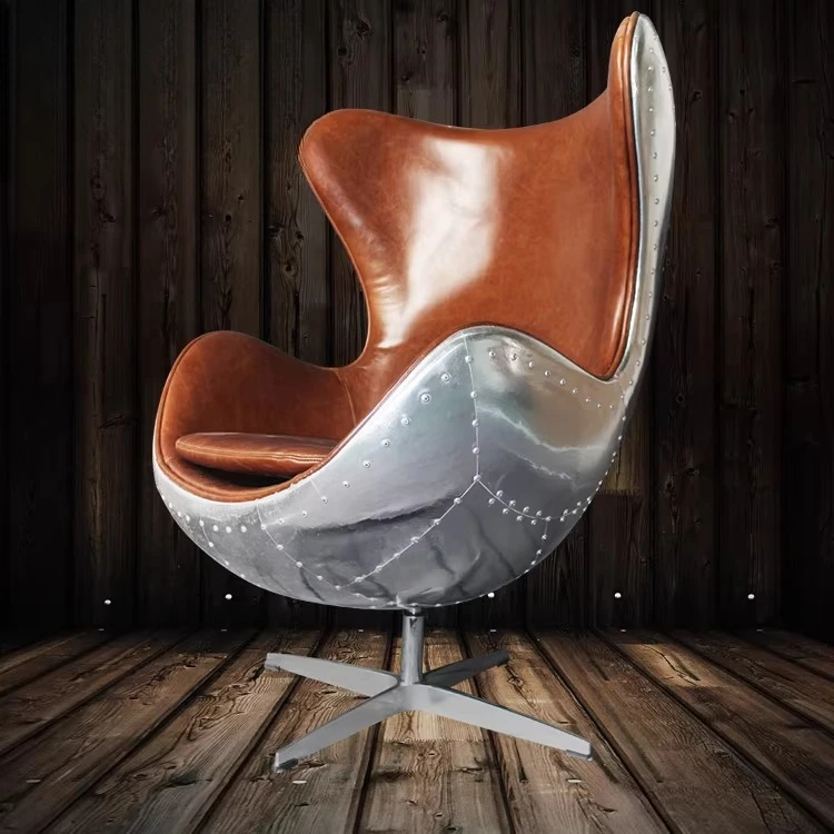 Poltrona Egg in Pelle con Struttura in Alluminio, Sedia da Computer in Pelle, Poltrona Singola di Design Retrò Industriale