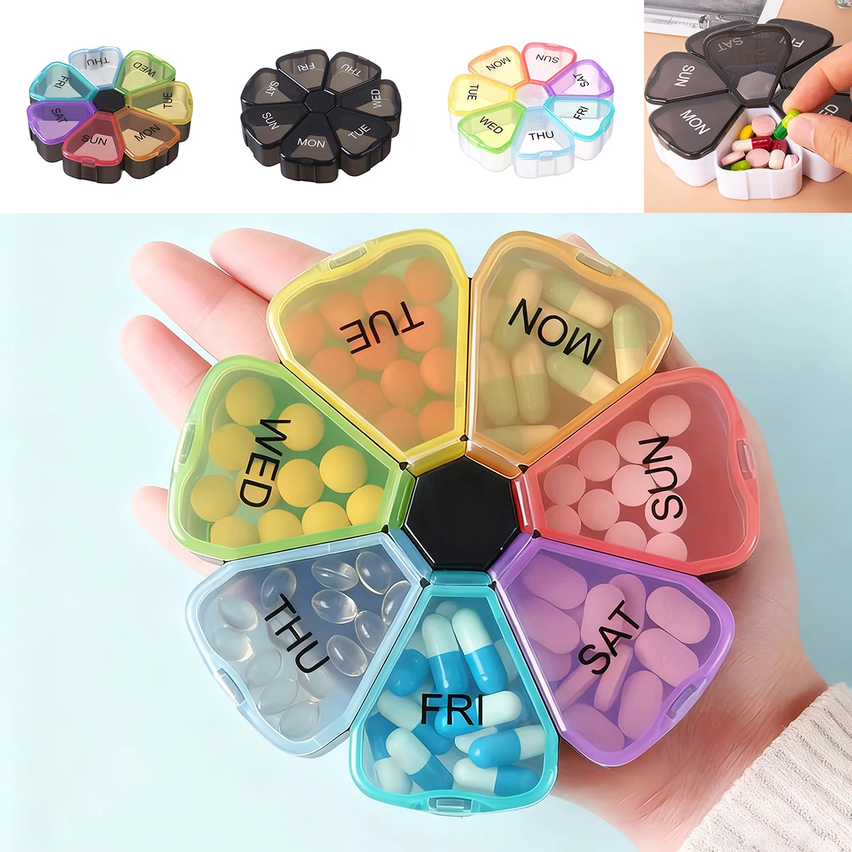Kleine Medizinbox mit Blumen- und Regenbogen-Motiv, Klassifizierung, tragbare Medizinbox, 7 Tage, 7 Gitter, Reise-Medizin-Aufbewahrungsbox