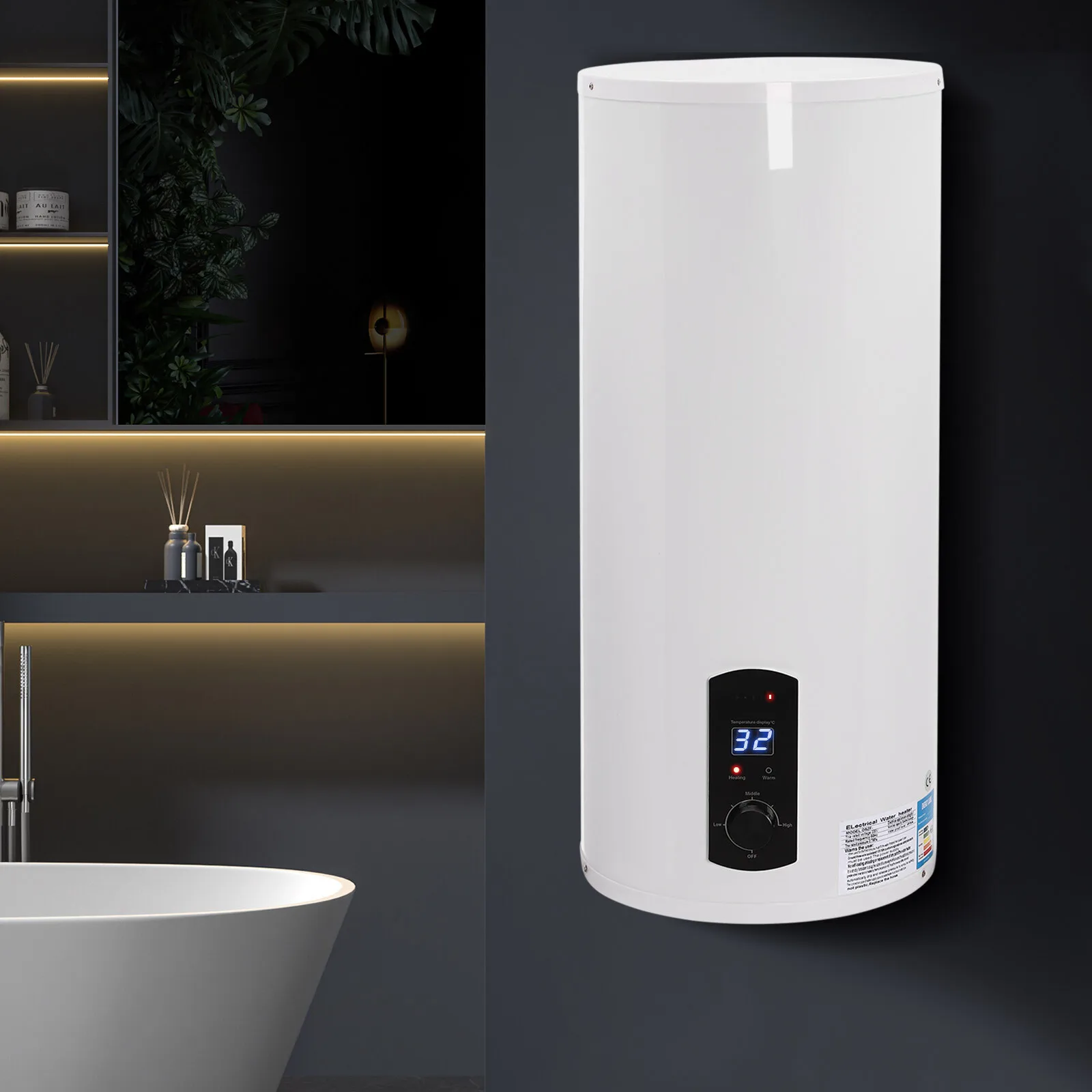 NEUER 100L Elektrischer Warmwasserbereiter, 2000W, LED-Anzeige, Warmwassertank, Hängender Elektrischer Warmwasserbereiter mit Thermometer-Einstellung, Weiß Image