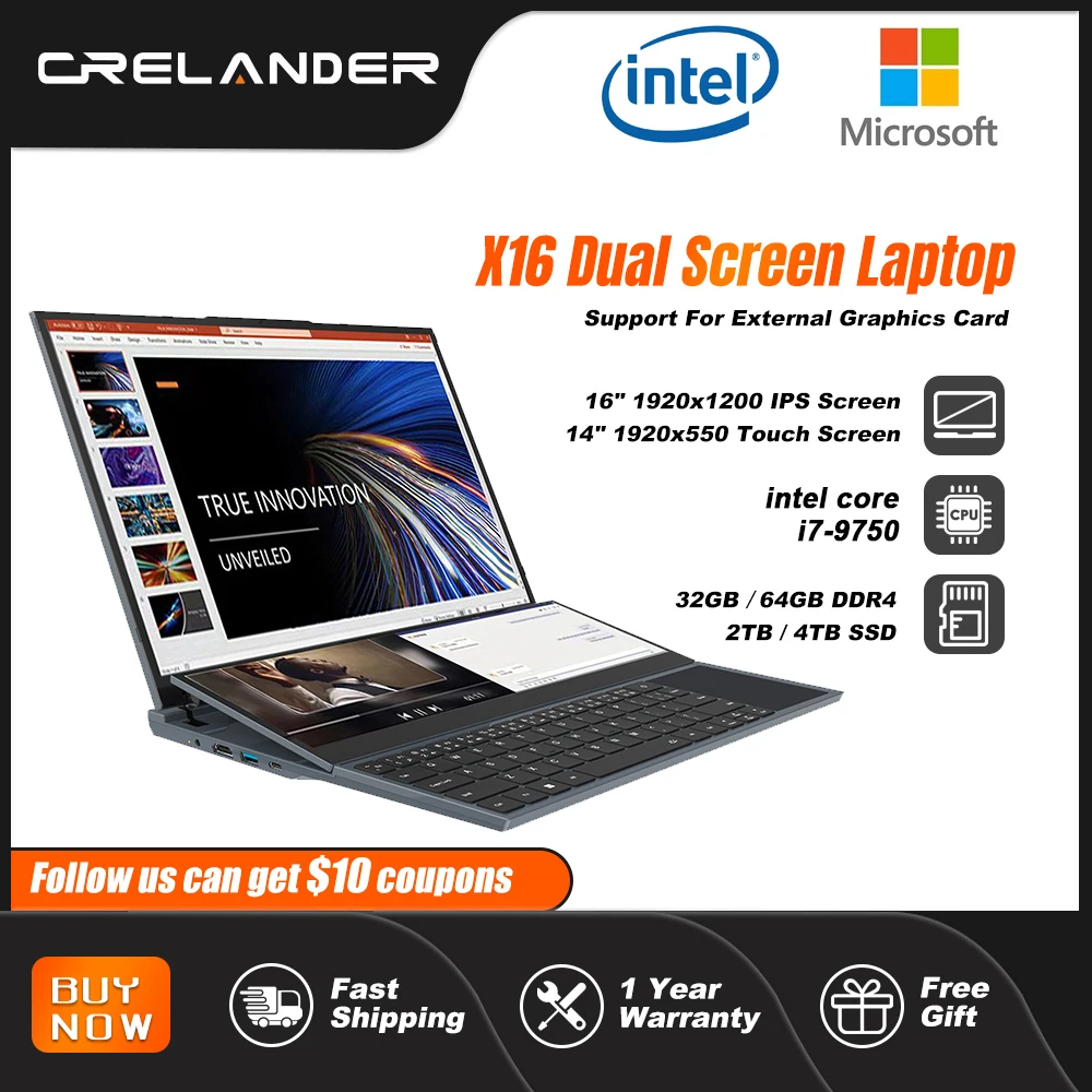 CRELANDER X16 Doppel Bildschirm Laptops 16 Inch + 14 Zoll Touchscreen Intel Core I7 10750H Windows 11 Tragbare PC Notebook Computer Image