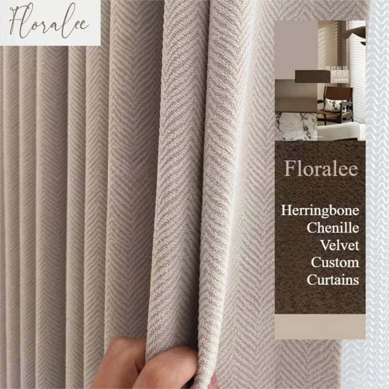Maßgefertigte Fischgrätmuster Chenille-Vorhänge in Beige für Wohnzimmer, Esszimmer und Schlafzimmer - Luxuriöse Verdunkelungsvorhänge im Modernen Design Image