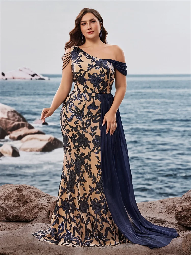 BLUEPLUM Plus Größe Elegante Perlen Grün Pailletten Abendkleider Lange Luxus Frauen Formale Meerjungfrau Party Prom Cocktail Kleider