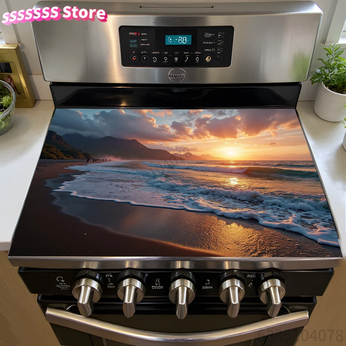 Sunset Beach Herdplattenschutz – hitzebeständiger Keramik-Kunstwerk-Schutz für Elektroherde, Küchendekoration, Abtropfmatte, an Image