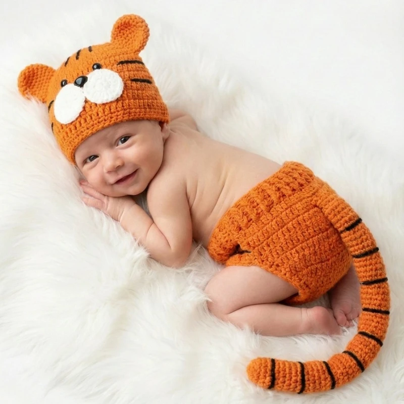 2-teiliges Set Neugeborenen-Fotografie-Requisiten Tiger-Kostüm Unisex Baby Junge Mädchen Handgemachte Gestrickte Tiermütze Windelüberzug Fotoshooting-Outfit Image