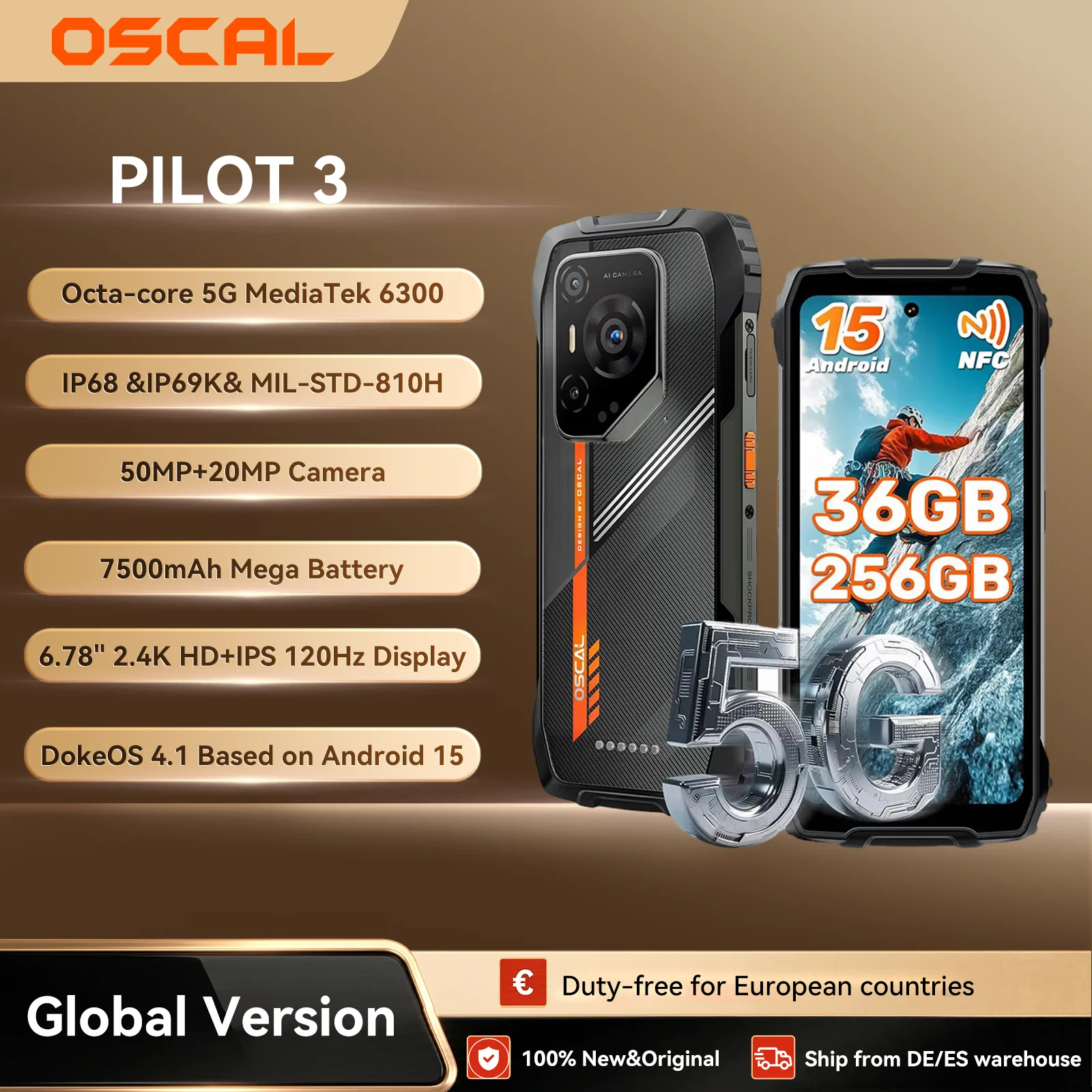 OSCAL PILOT 3 Robustes Smartphone, Android 15 Outdoor-Smartphone 5G Dimensity 6300, (12+24)GB RAM 256GB ROM, 6,78 Zoll Display 120Hz,77