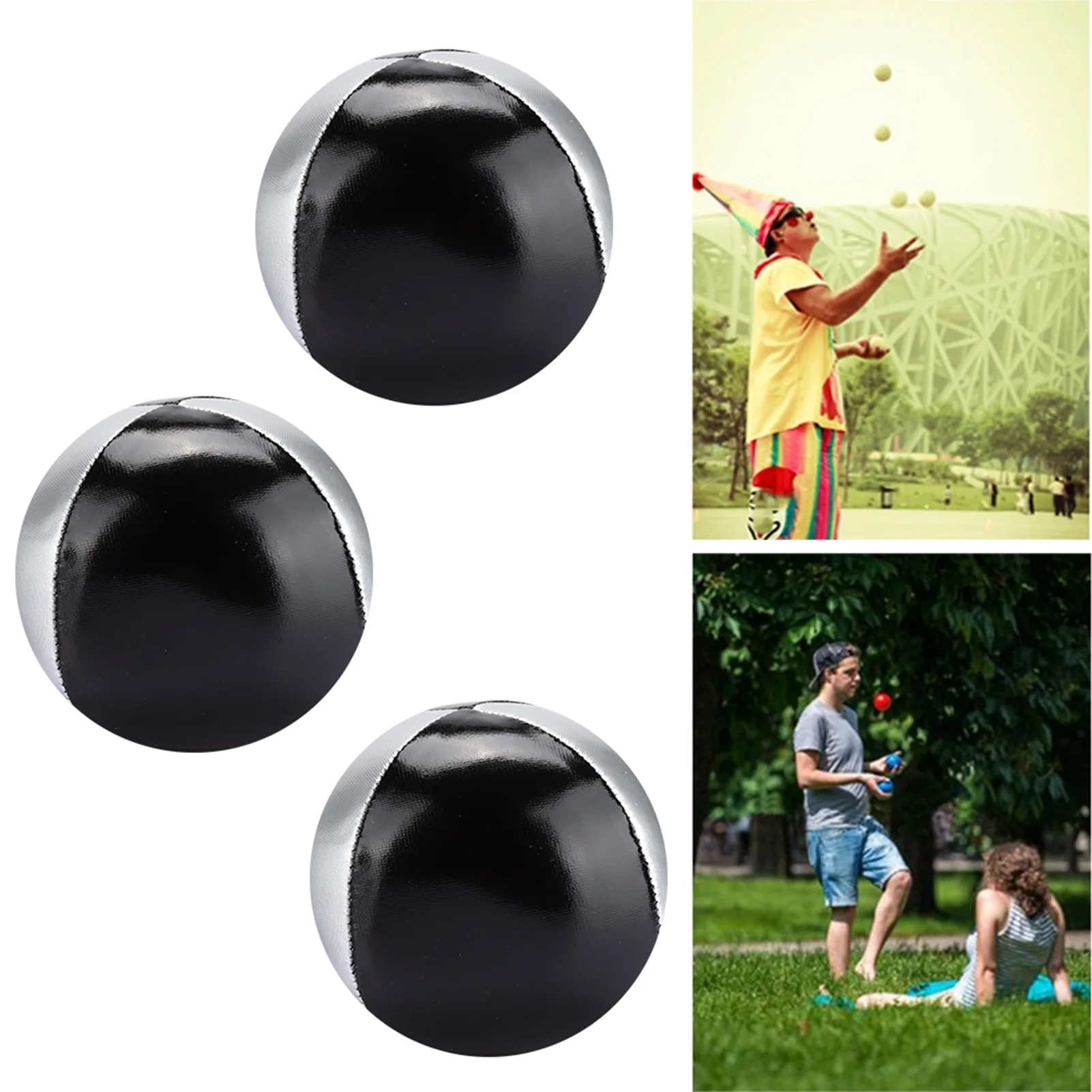 3 Stück Silber und Schwarz Zweifarbiger PU-Leder Indoor Freizeit-Jonglierball, Performance-Requisite, Akrobatischer Handwurfball Image