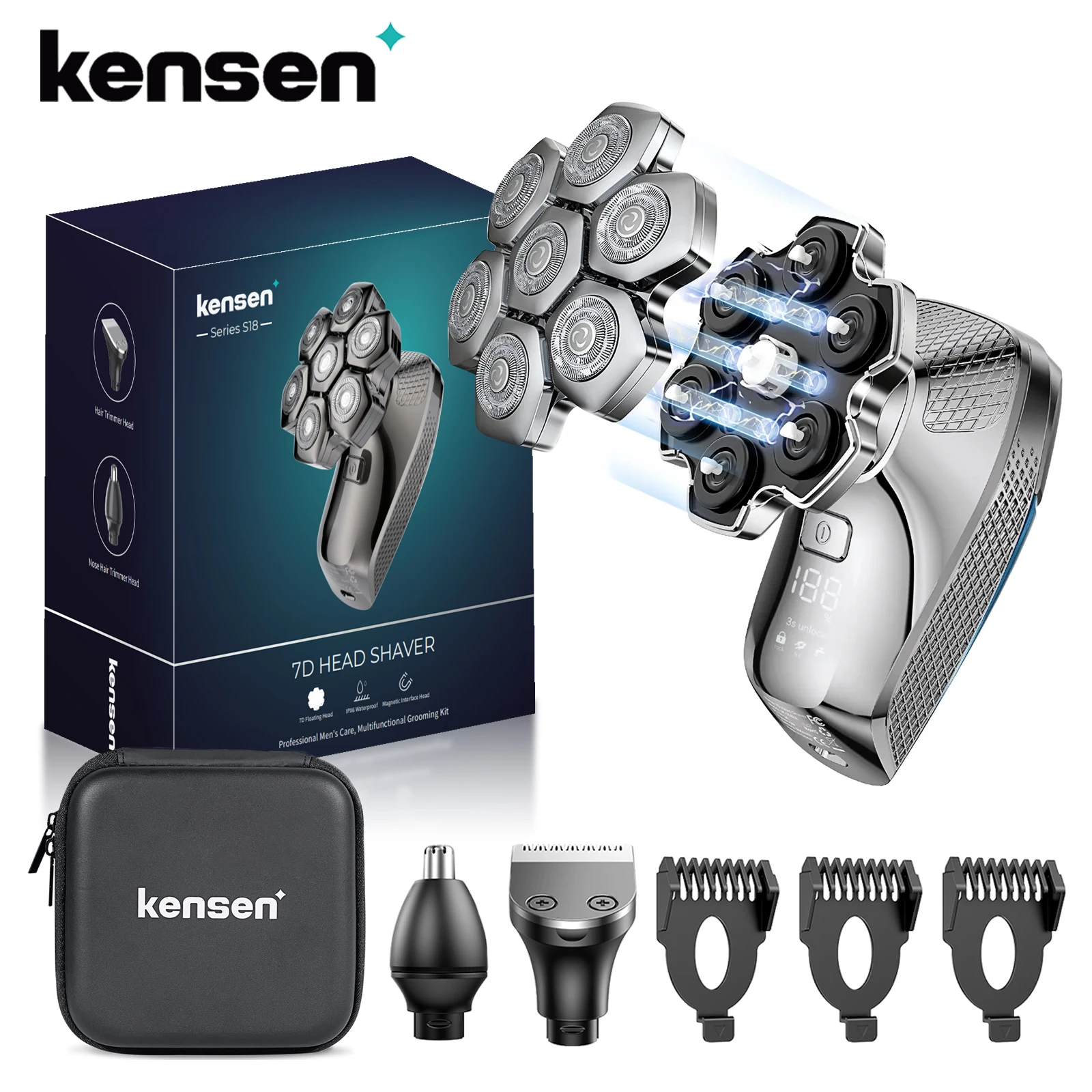 Kensen S18 Kopfrasierer für Glatze Männer, 7D-LED-Display, wiederaufladbarer Rasierer, Pflegeset, magnetisch, 5-in-1-Elektrorasierer, Haarschneider Image
