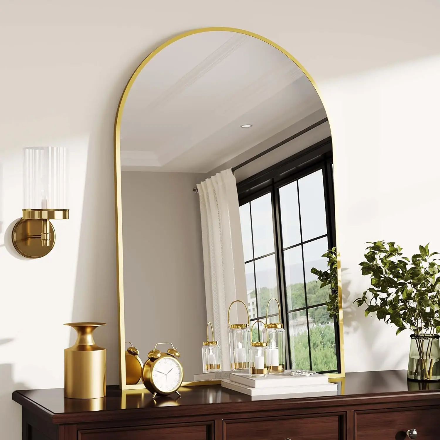 Gewölbter Wandspiegel Metallrahmen Schminkspiegel 5mm Bruchsicheres Gehärtetes Glas Bogenspiegel für Badezimmer Schlafzimmer Wohnzimmer