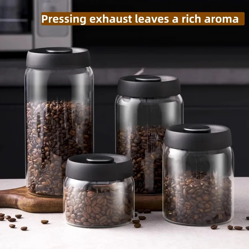 Multifunktionaler Kaffeebehälter mit Schwarzem Deckel Manueller Vakuum-Feuchtigkeitsschutz-Aufbewahrungsbehälter Küchen-Glaskanne Kaffeebohnen-Aufbewahrungsdose Image