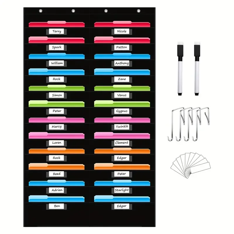 Schwarzes Aktenaufbewahrungstaschendiagramm mit Namensschild-Taschen zum Aufhängen an der Wand, Aktenorganisator für Klassenzimmer und Büro Image