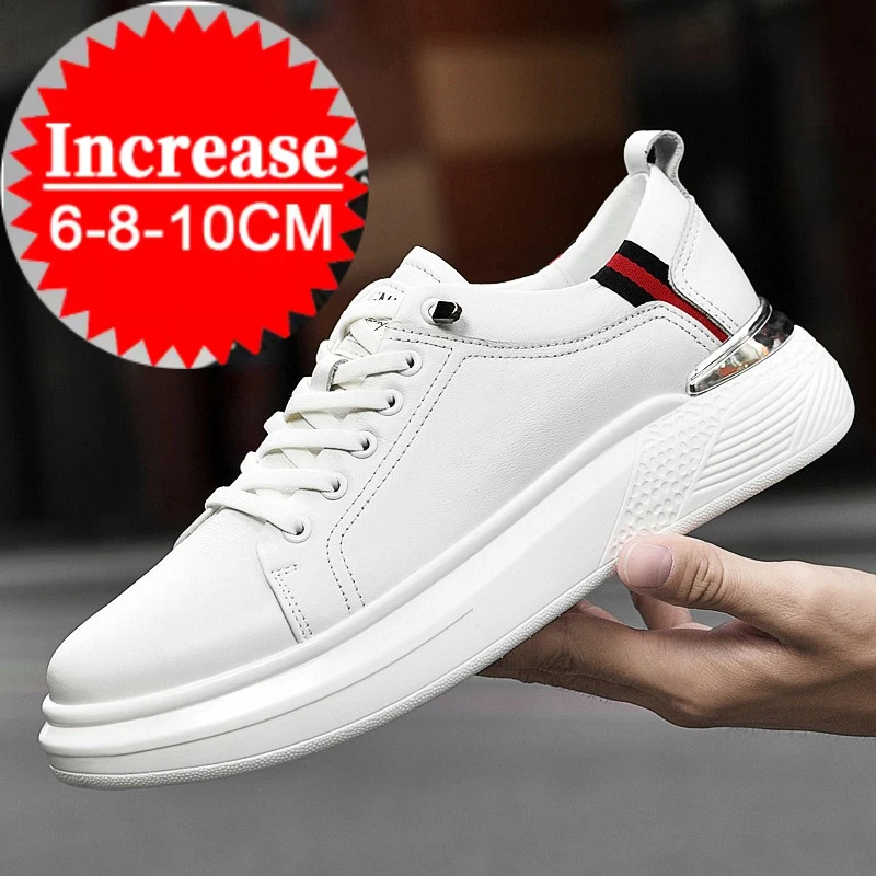 Echte Leder-Herrenschuhe zur Größenerhöhung, Weiße Sneaker mit Erhöhungs-Einlegesohlen 6/8 cm, Sportschuhe