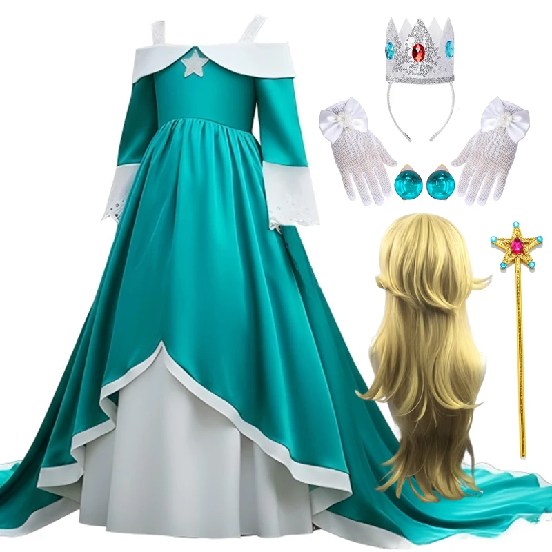 Prinzessin Rosalina Kleid für Kinder Mädchen Halloween Cosplay Maskenball Kinderkostüm Comic Elegante Schleppkleidung für Partys bis 12 Jahre Image