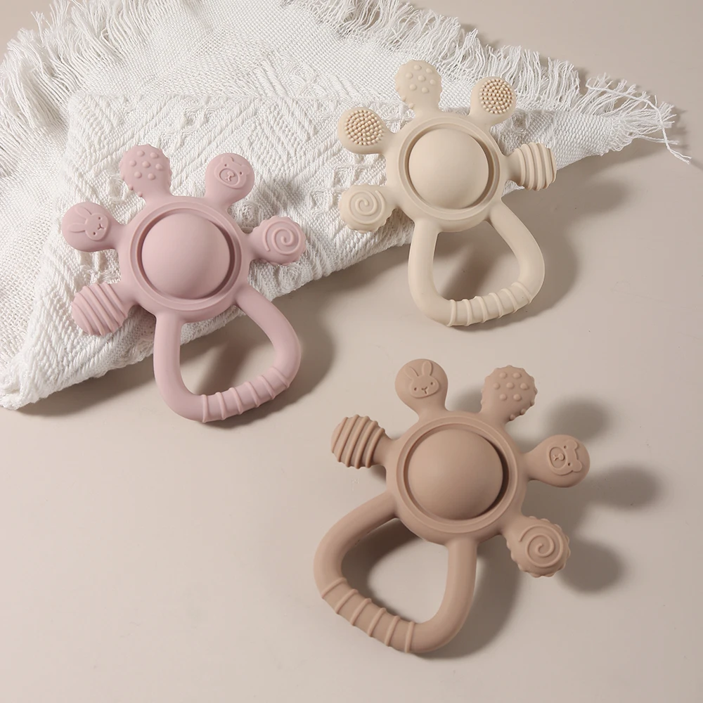 Neugeborenes Baby Geschenk Silikon Beißring Lebensmittelqualität Zahnen Spielzeug Finger Aktivität Simulation Glocke Rassel gry Montessorisensory Image