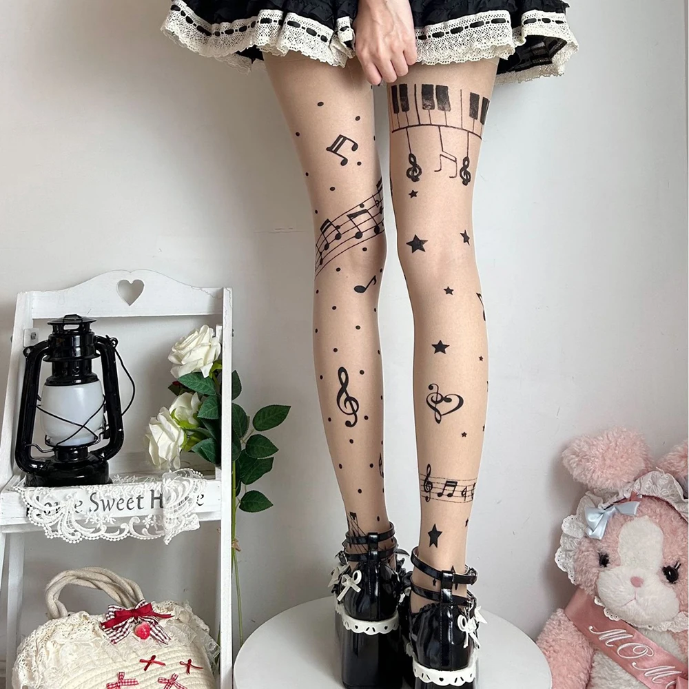 Musiknoten-Strumpfhose für Damen, Schwarze Lolita-Strumpfhose mit Symbol-Print, Süße Y2K-Strumpfhose für Mädchen, Club-Party-Strumpfhose Image