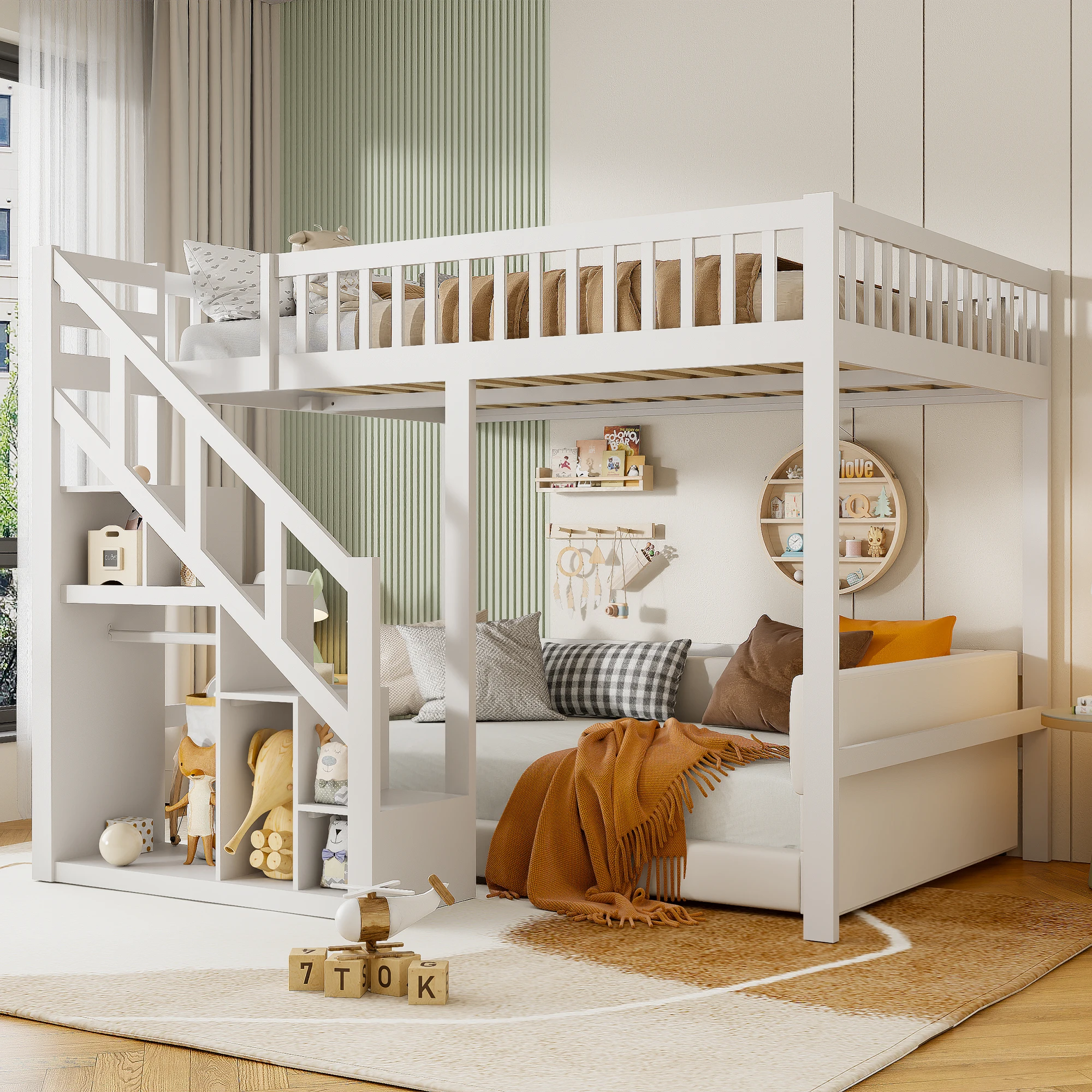 Rosahqnda Kinder-Etagenbett 90 x 200 cm, Etagenbett mit Treppe und Aufbewahrungsschrank, Multifunktionsbett, Spielbett, keine Matratze, weiß