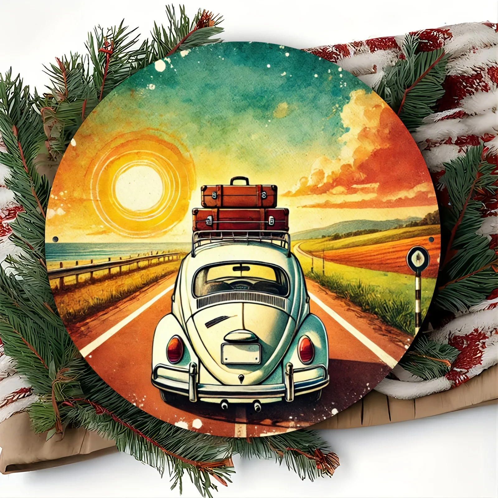 Hochauflösendes Eisenbild Vintage VW Käfer Roadtrip Sonnenuntergang Rundes Metallschild für Retro-Heimdekoration Image