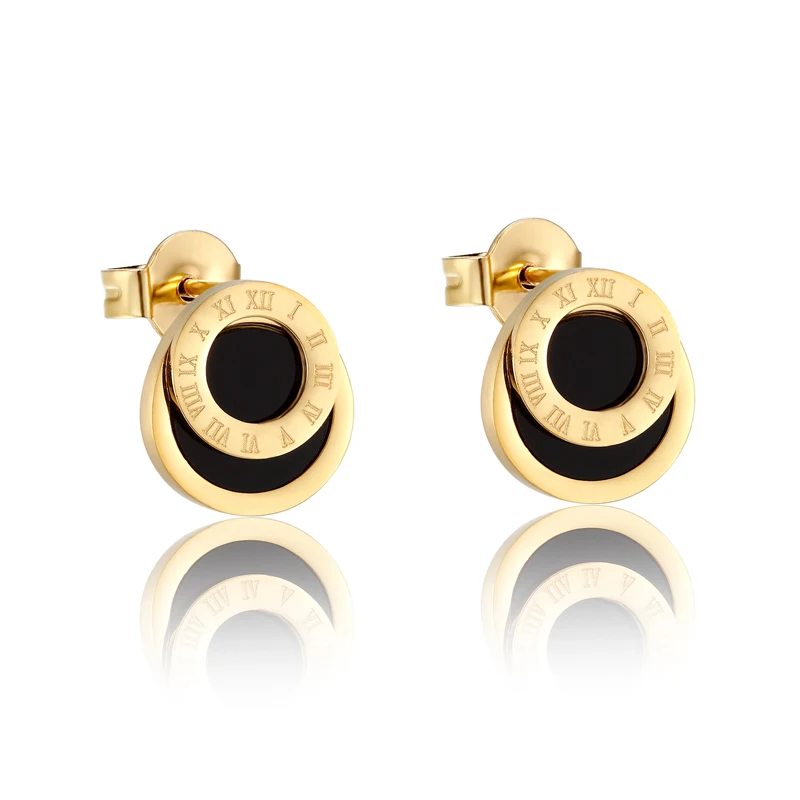 Hochwertige schwarze Emaille-Ohrstecker mit römischen Ziffern für Damen/Herren und Mädchen, Piercing-Schmuck, Titanstahl, goldfarbener Ohrring Image