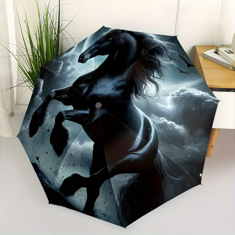 Black Stallion Automatischer Regenschirm zum Öffnen und Schließen – winddicht, tragbares Falt-Design mit 8-Rippen-Haltbarkeit, elegante Pferdesilhouette Image