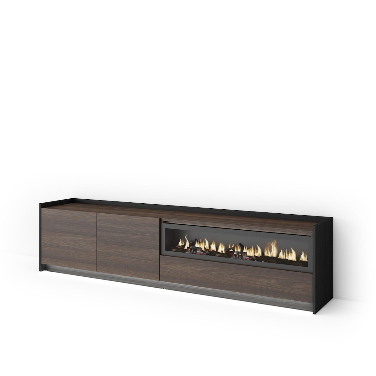 SKRAUT HOME TV-Schrank, Lowboard, 207x50x37 cm, Für TV-Geräte bis zu 80", Elektrokamin., LED, Dunkler Eiche und Schwarz Image