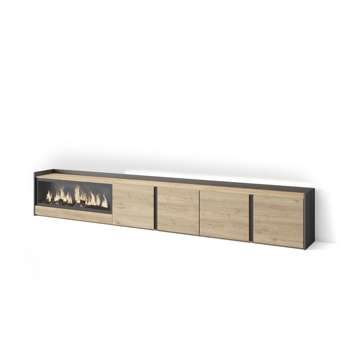 SKRAUT HOME TV-Schrank, Lowboard, 315x50x35 cm, Für TV-Geräte bis zu 80", Elektrokamin XXL, LED, Eiche Schwarz Image